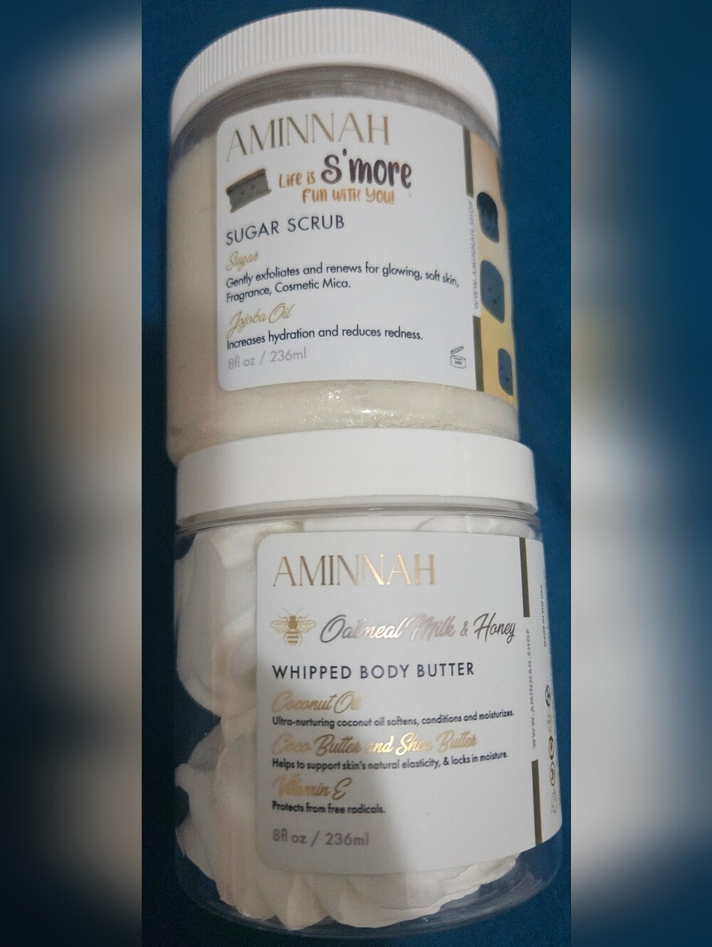 AMINNAH S'more Sugar Scrub & Oatmeal Milk & Honey Whipped Body Butter — White